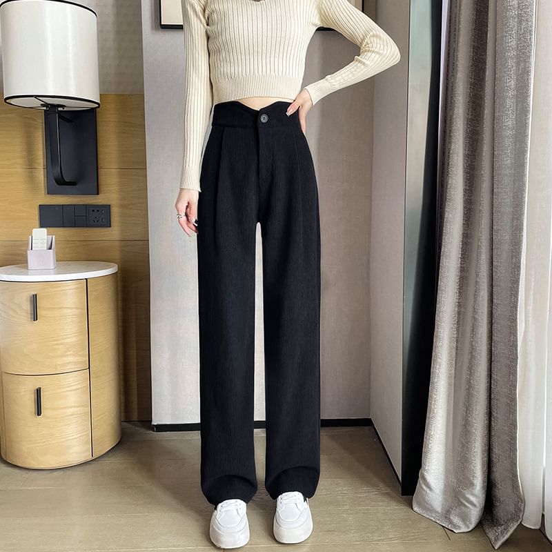 High Rise Plain Corduroy Wide Leg Slacks SpreePicky