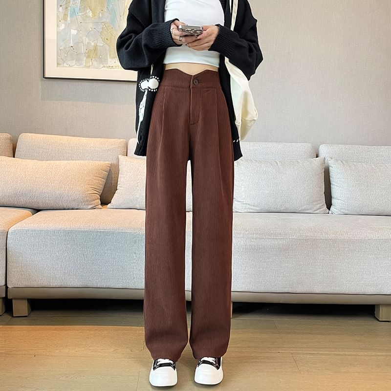 High Rise Plain Corduroy Wide Leg Slacks SpreePicky