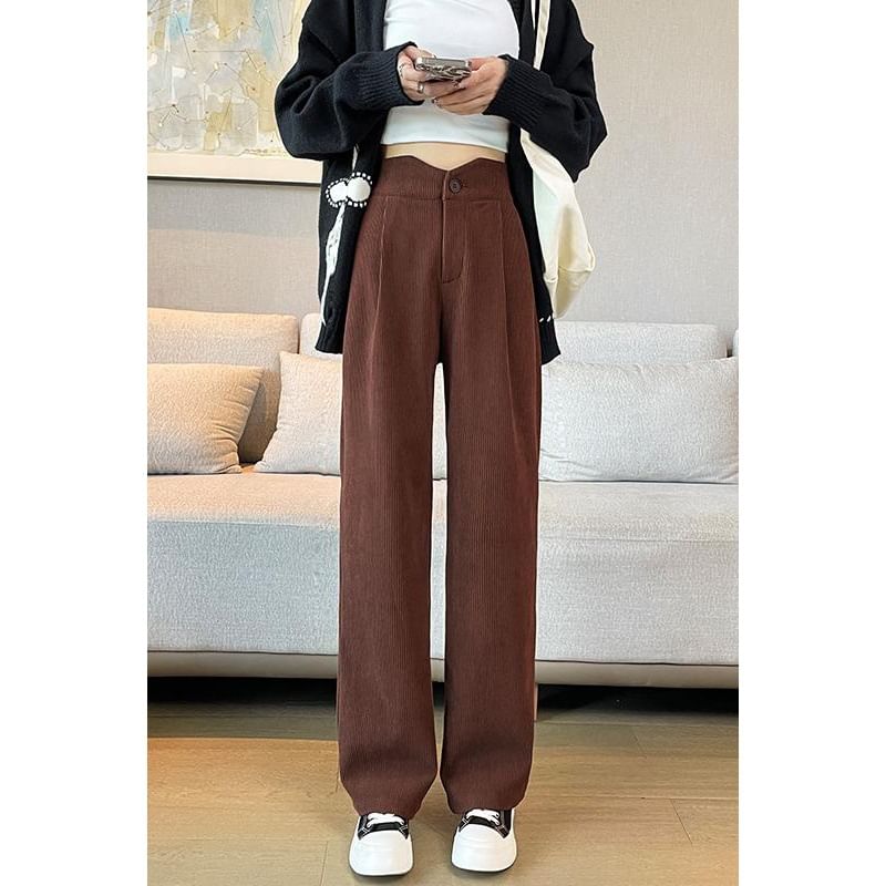 High Rise Plain Corduroy Wide Leg Slacks SpreePicky