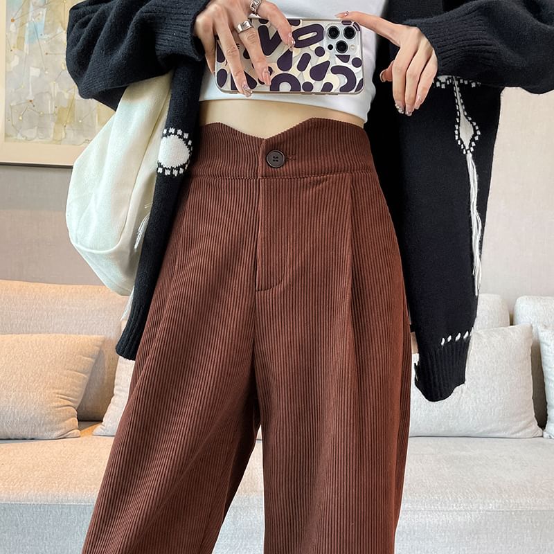 High Rise Plain Corduroy Wide Leg Slacks SpreePicky