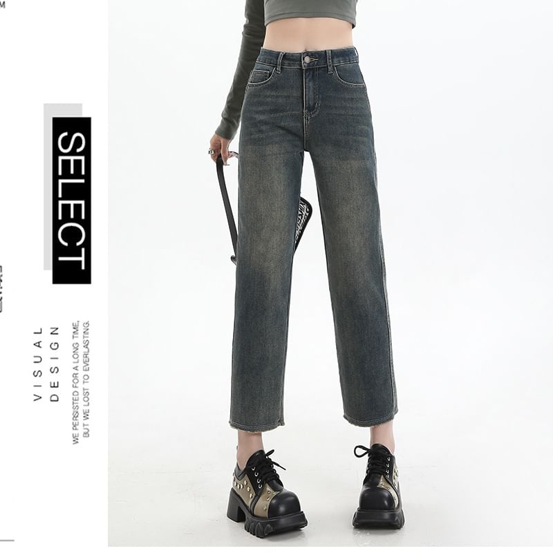 High Rise Washed Cropped Straight Leg Jeans SpreePicky