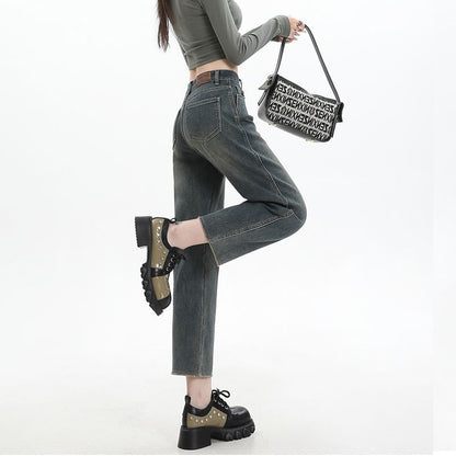 High Rise Washed Cropped Straight Leg Jeans SpreePicky