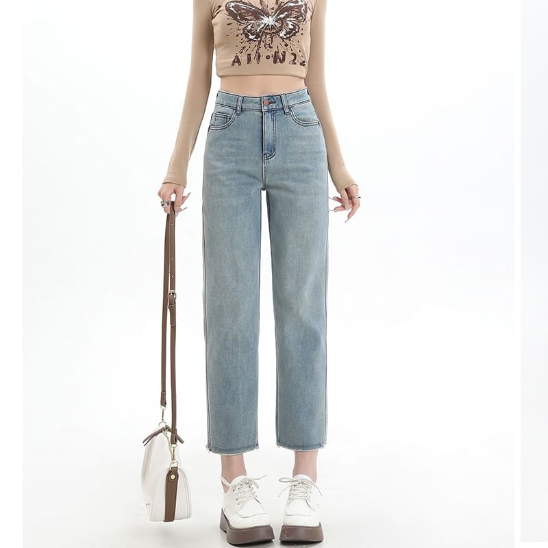 High Rise Washed Cropped Straight Leg Jeans SpreePicky