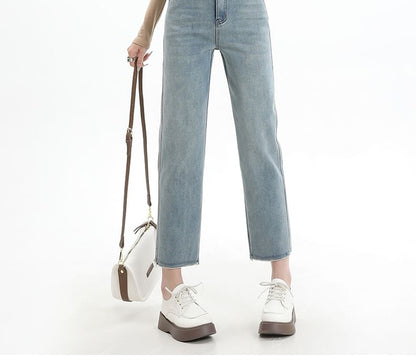 High Rise Washed Cropped Straight Leg Jeans SpreePicky