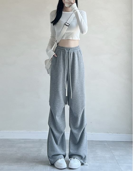 Plain High Rise Drawstring Parachute Wide Leg Sweatpants SpreePicky