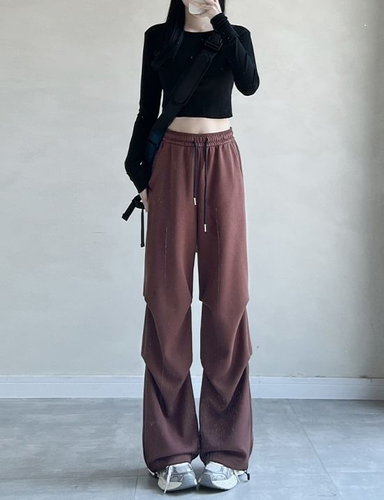 Plain High Rise Drawstring Parachute Wide Leg Sweatpants SpreePicky