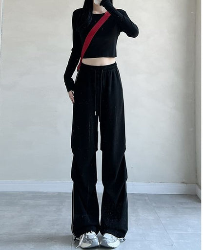 Plain High Rise Drawstring Parachute Wide Leg Sweatpants SpreePicky