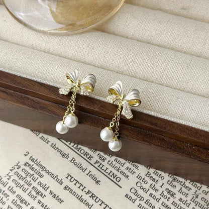 Rhinestone Bow Faux Pearl Drop Earring mySite