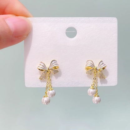 Rhinestone Bow Faux Pearl Drop Earring mySite