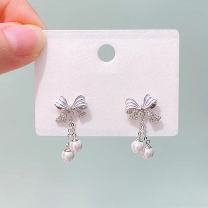 Rhinestone Bow Faux Pearl Drop Earring mySite