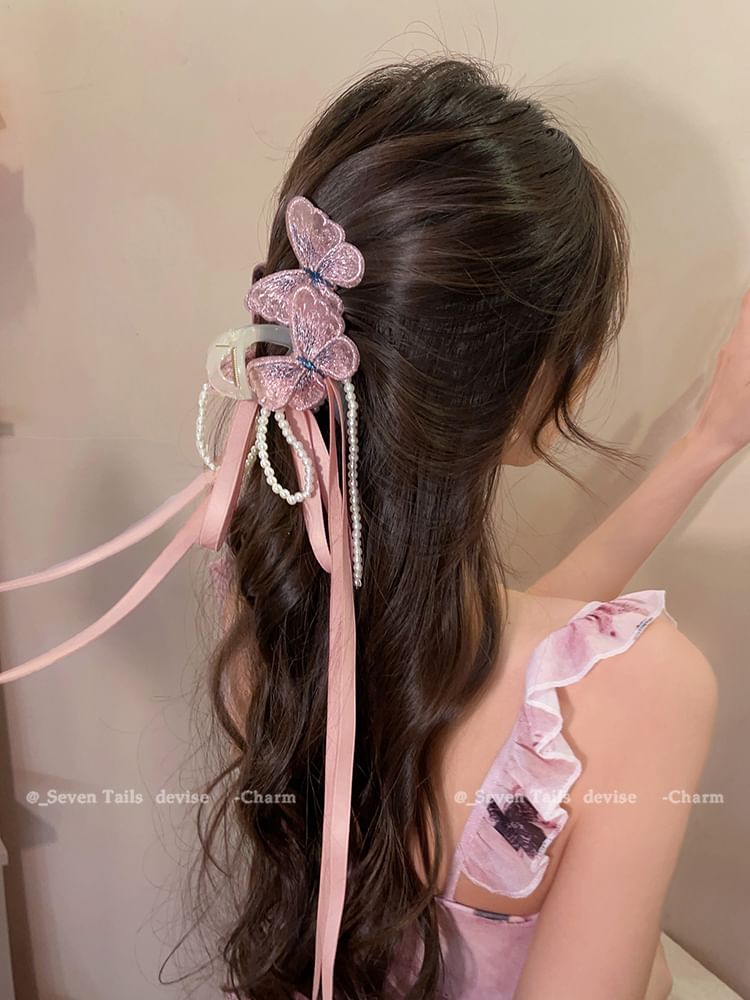 Butterfly Faux Pearl Bow Hair Claw SpreePicky