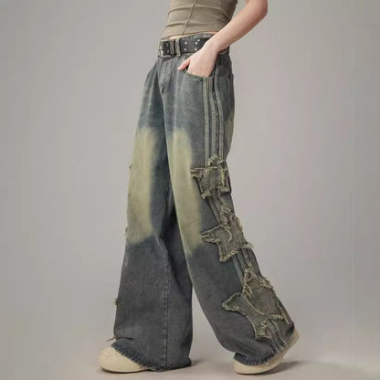 Low Rise Star Applique Washed Loose-Fit Wide-Leg Jeans SpreePicky