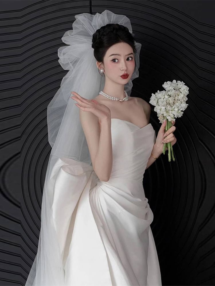 Strapless Back A-Line Bow Gown Satin Wedding FashionChic