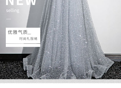 Short-Sleeve Floral Glitter A-Line Evening Gown SpreePicky