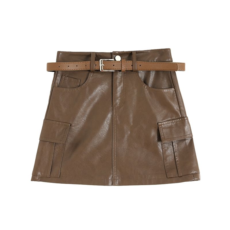 High Rise Plain Faux Leather Mini A-Line Skirt SpreePicky