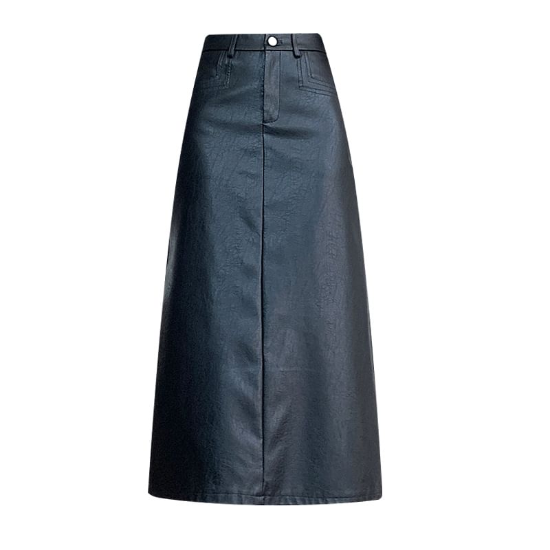 High Waist Plain Faux Leather Midi A-Line Skirt SpreePicky