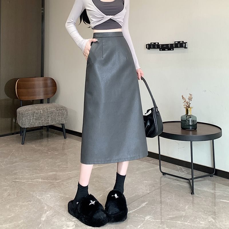 High Rise Plain Faux Leather Midi A-Line Skirt SpreePicky