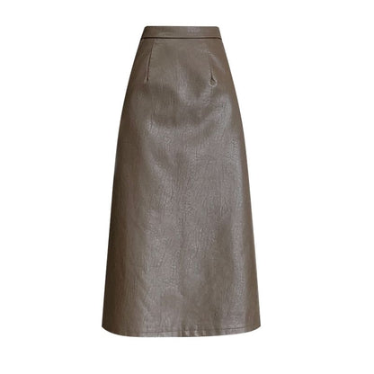 High Rise Plain Faux Leather Midi A-Line Skirt SpreePicky