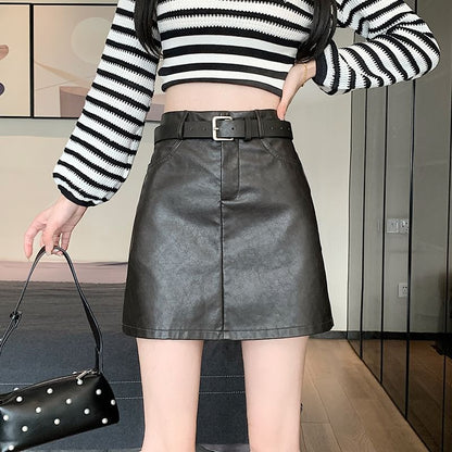 High Waist Plain Faux Leather Mini A-Line Skirt SpreePicky