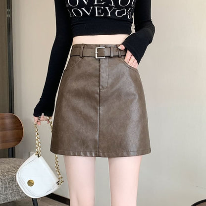 High Waist Plain Faux Leather Mini A-Line Skirt SpreePicky