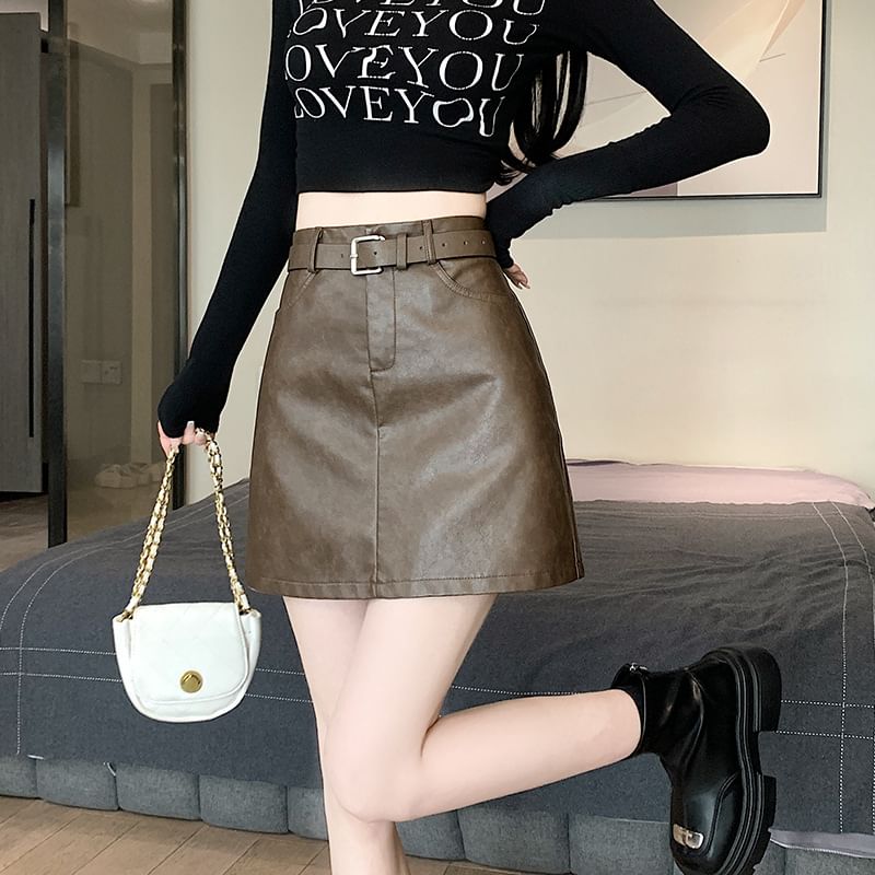 High Waist Plain Faux Leather Mini A-Line Skirt SpreePicky