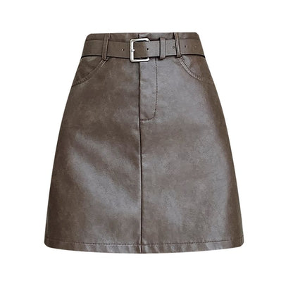 High Waist Plain Faux Leather Mini A-Line Skirt SpreePicky