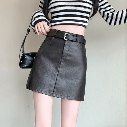 High Waist Plain Faux Leather Mini A-Line Skirt SpreePicky