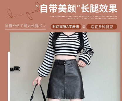 High Waist Plain Faux Leather Mini A-Line Skirt SpreePicky