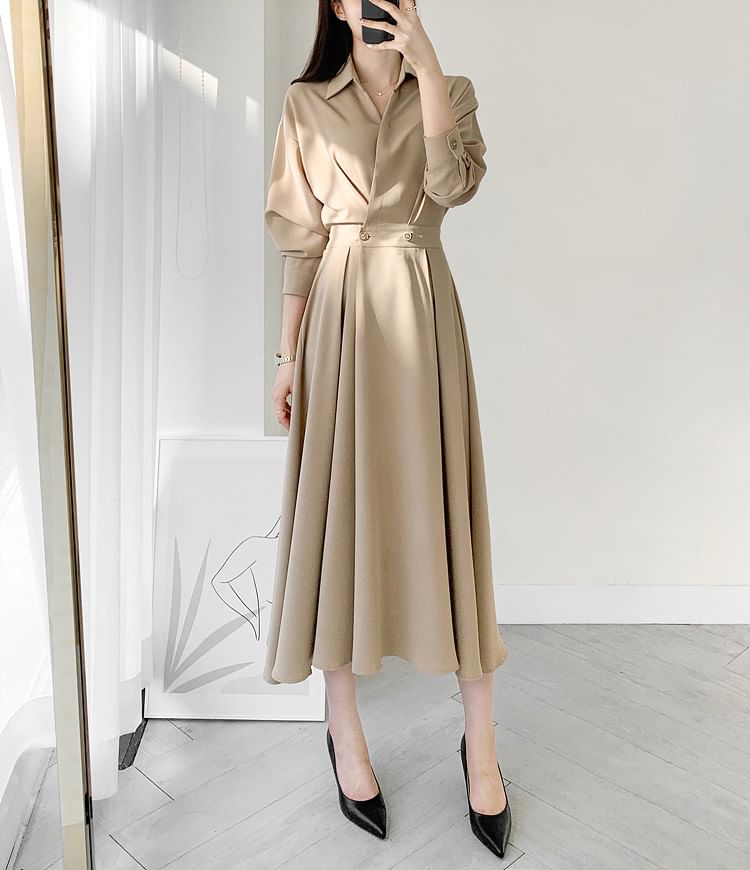 Long Sleeve Collared Plain Double Breasted Midi A-Line Shirt Dress mySite