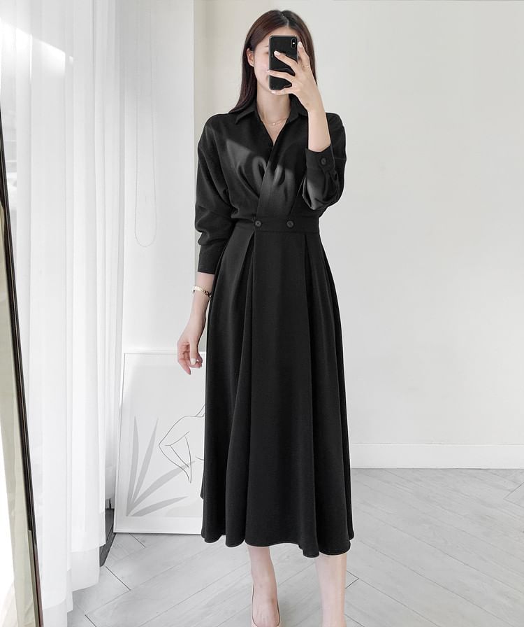 Long Sleeve Collared Plain Double Breasted Midi A-Line Shirt Dress mySite