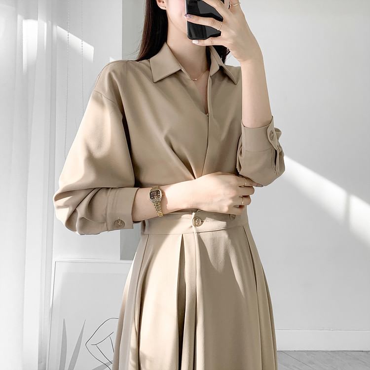 Long Sleeve Collared Plain Double Breasted Midi A-Line Shirt Dress mySite