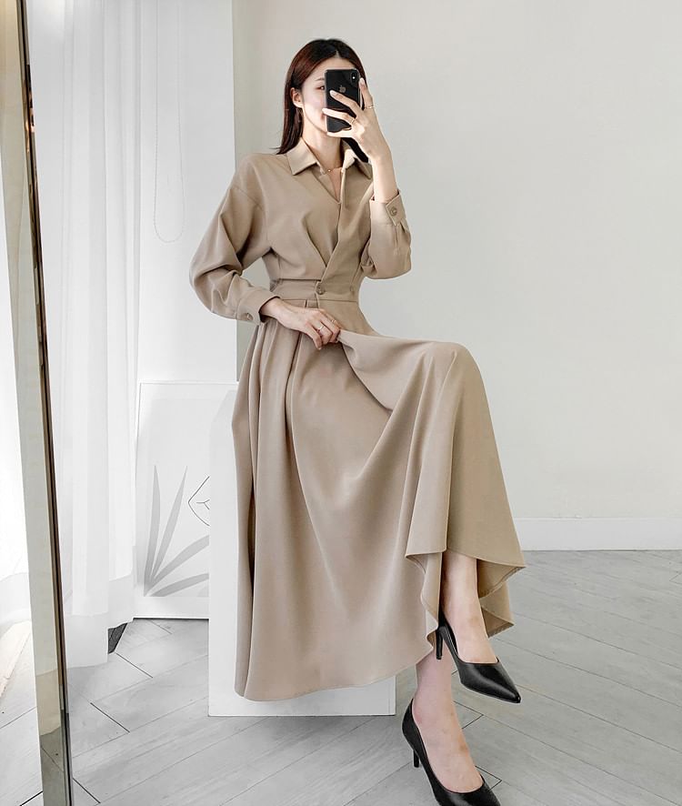 Long Sleeve Collared Plain Double Breasted Midi A-Line Shirt Dress mySite