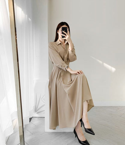 Long Sleeve Collared Plain Double Breasted Midi A-Line Shirt Dress mySite