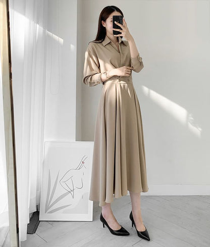 Long Sleeve Collared Plain Double Breasted Midi A-Line Shirt Dress mySite