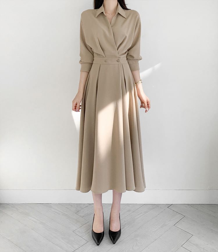 Long Sleeve Collared Plain Double Breasted Midi A-Line Shirt Dress mySite