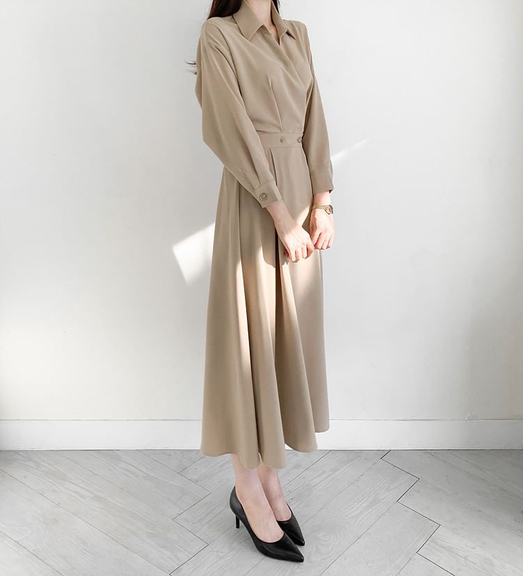 Long Sleeve Collared Plain Double Breasted Midi A-Line Shirt Dress mySite