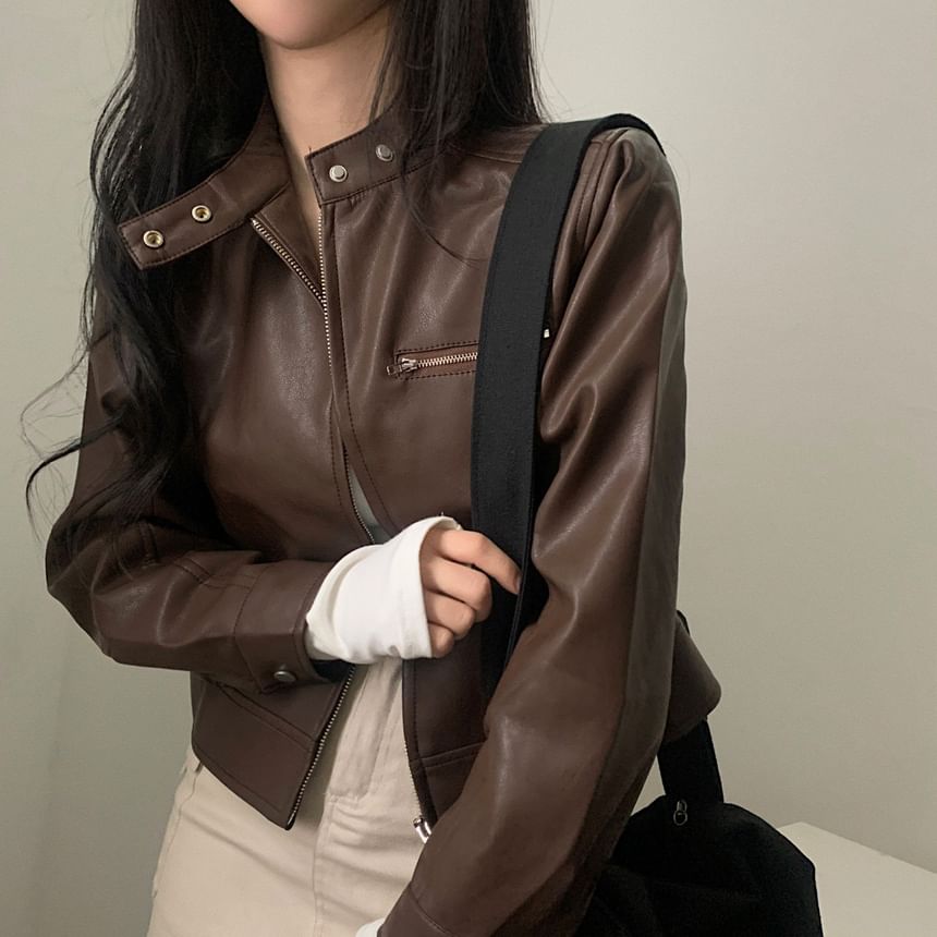 Band Collar Plain Faux Leather Zip Jacket SpreePicky