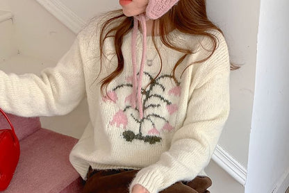 Crew Neck Floral Patterned Sweater SpreePicky