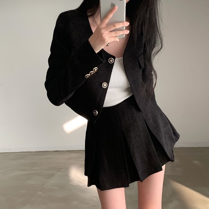 Round Neck Plain Crop Button Jacket / High Rise Pleated Mini A-Line Skirt SpreePicky