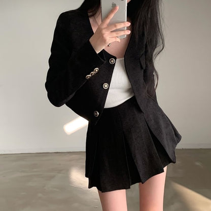 Round Neck Plain Crop Button Jacket / High Rise Pleated Mini A-Line Skirt SpreePicky