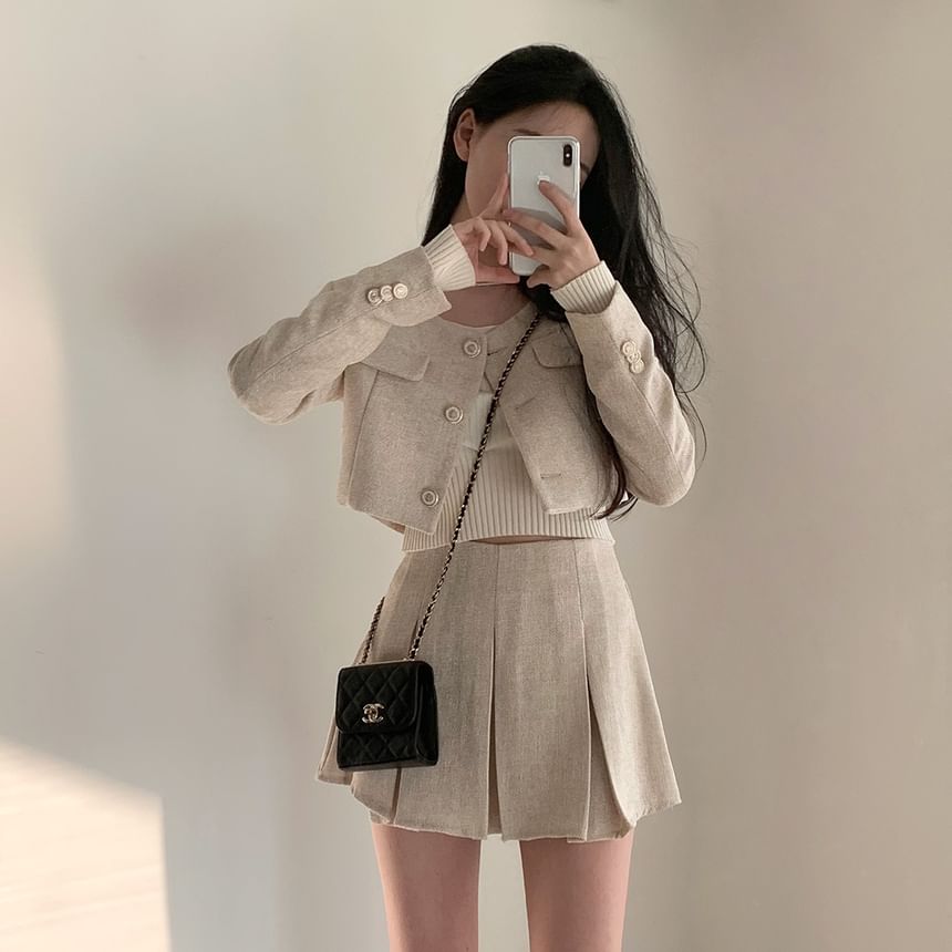 Round Neck Plain Crop Button Jacket / High Rise Pleated Mini A-Line Skirt SpreePicky