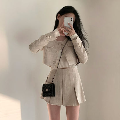 Round Neck Plain Crop Button Jacket / High Rise Pleated Mini A-Line Skirt SpreePicky