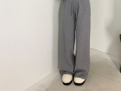 Set: Long Sleeve One Shoulder Plain Knit Top + Drawstring Waist Wide Leg Pants SpreePicky