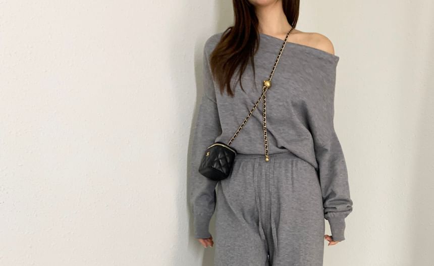 Set: Long Sleeve One Shoulder Plain Knit Top + Drawstring Waist Wide Leg Pants SpreePicky