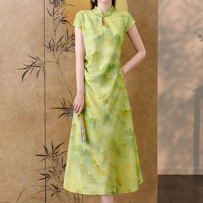 Short-Sleeve Stand Collar Print Midi A-Line Dress SpreePicky