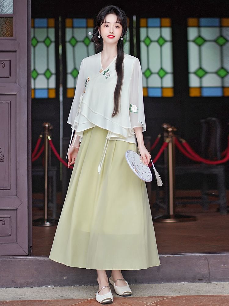 3/4-Sleeve V-Neck Embroidered Top / High Waist Maxi A-Line Skirt SpreePicky