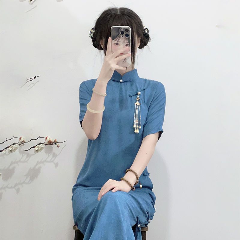 Traditional Chinese Elbow-Sleeve Stand Collar Jacquard Frog Buttoned Slit Midi Sheath Qipao SpreePicky