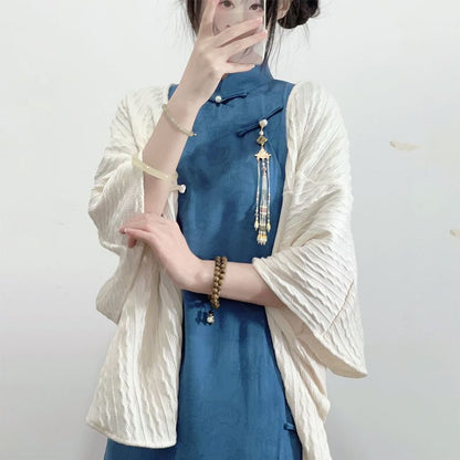 Traditional Chinese Elbow-Sleeve Stand Collar Jacquard Frog Buttoned Slit Midi Sheath Qipao SpreePicky