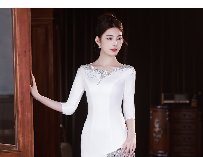 3/4-Sleeve Scoop Neck Rhinestone Mermaid Evening Gown SpreePicky