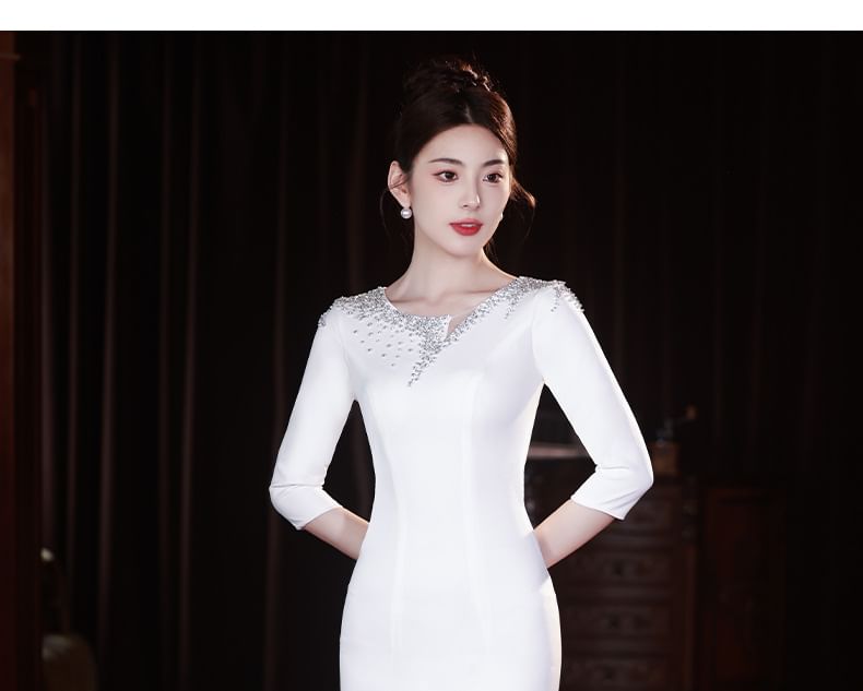 3/4-Sleeve Scoop Neck Rhinestone Mermaid Evening Gown SpreePicky